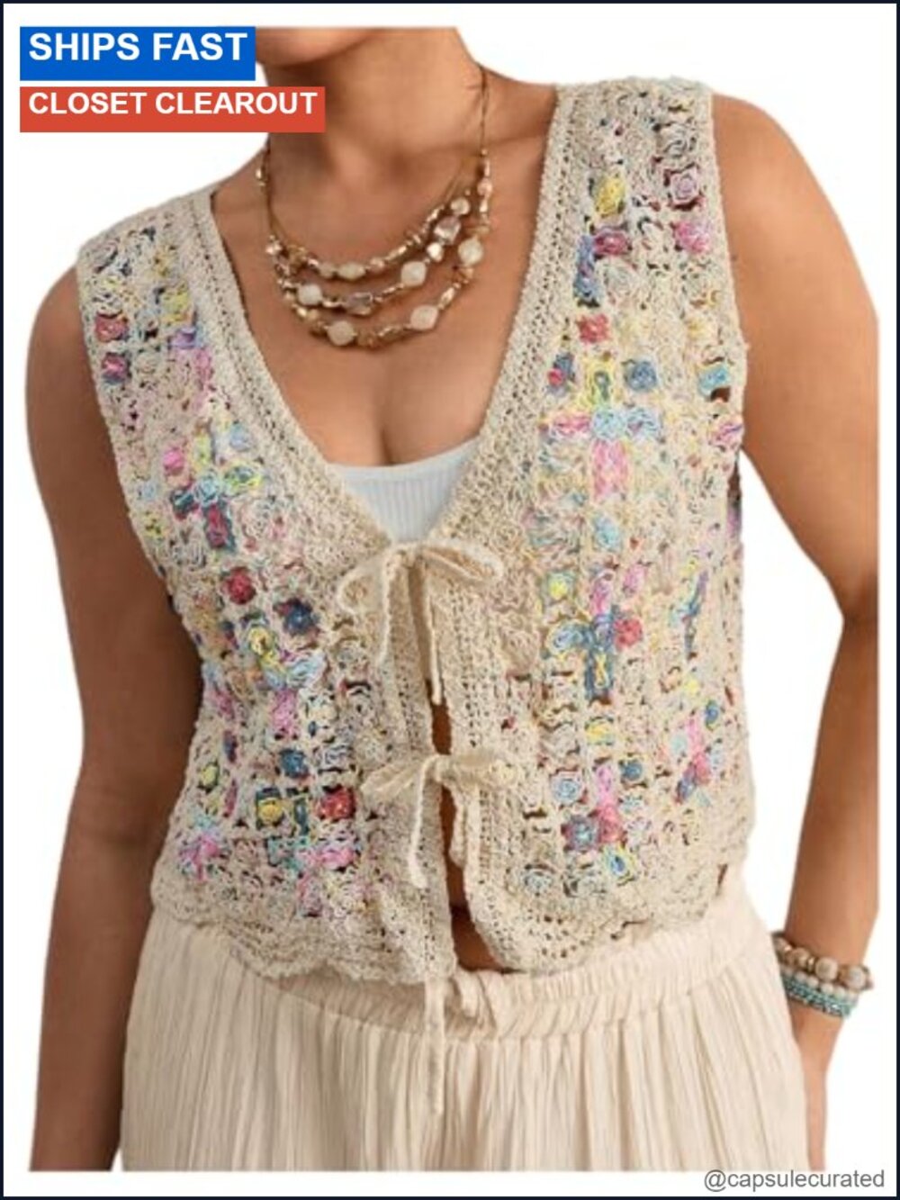 Plus Size Crochet Sweater Vest Tie Front Boho Beach Vacation Top